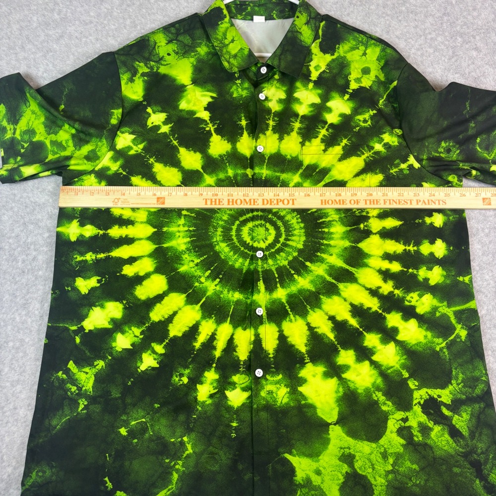 Mens 2XL Neon Green Black Tie Dye Spiral Button Down Shirt Short Sleeve Festival - Picture 3 of 11